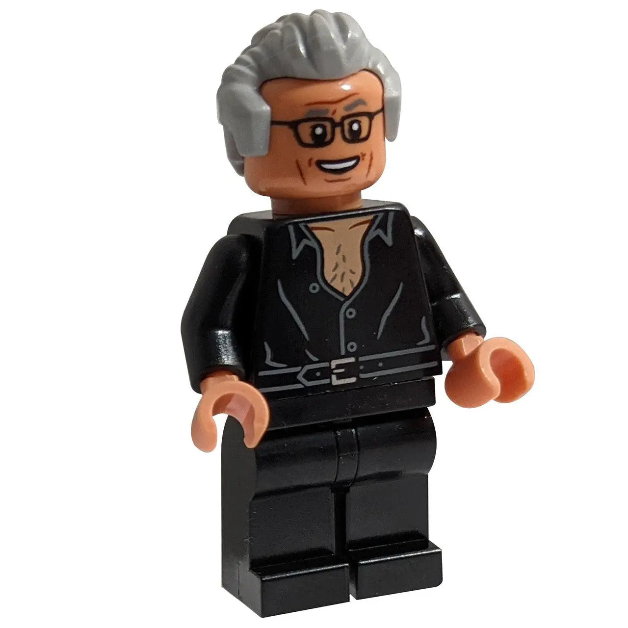 LEGO® Ian Malcolm in black shirt with gray hair and glasses – Jurassic World: Dominion version.
