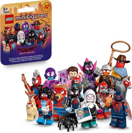 LEGO® 71050 Spider-Man: Across the Spider-Verse CMF packaging with all 12 minifigures, including Miles Morales, Gwen Stacy, Spider-Man 2099, Spider-Punk, Spider-Man India, Prowler, and more posed around the box.