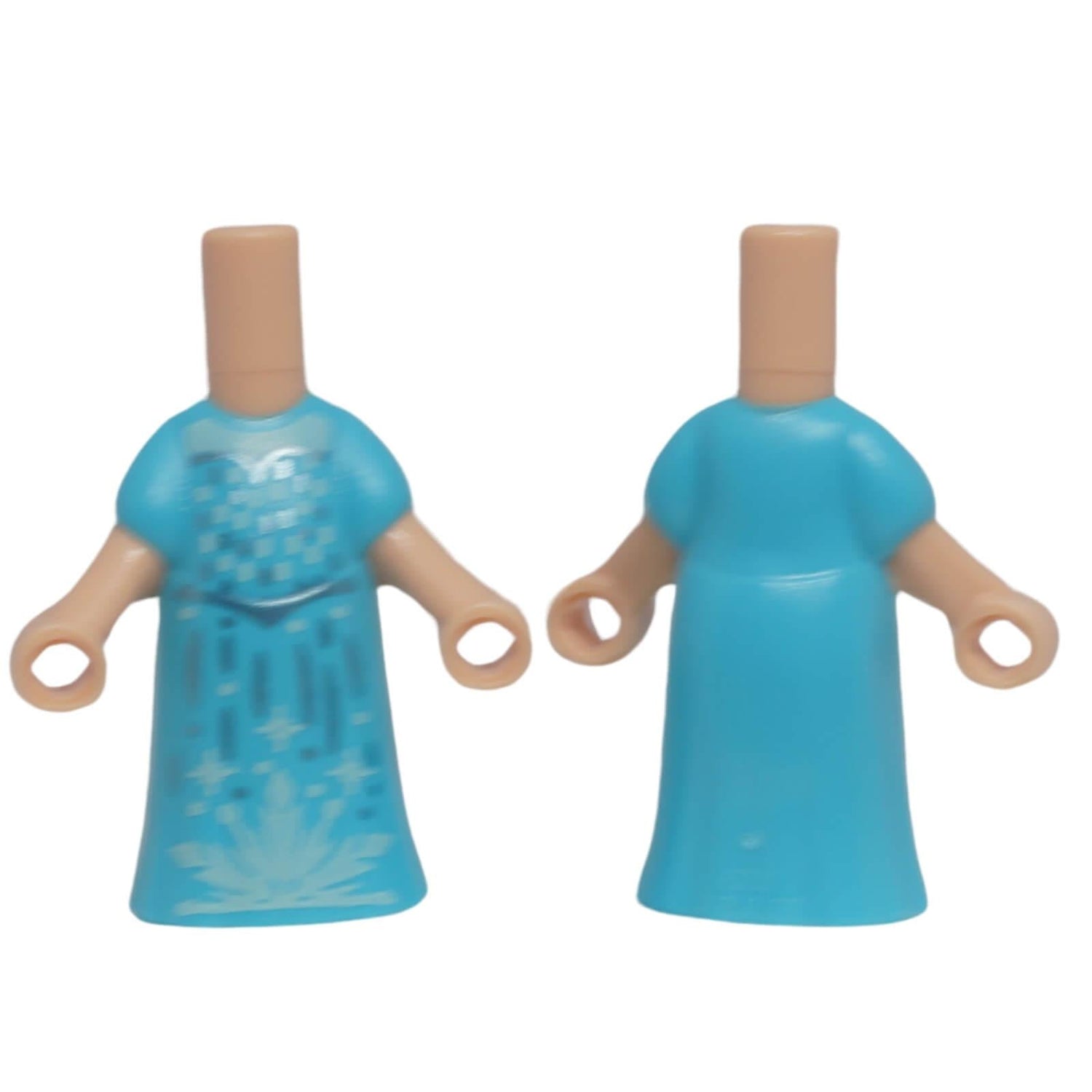 Front and back views of LEGO® micro-doll body 65203pb012 with medium azure dress, light aqua snowflake print and metallic light blue waistband