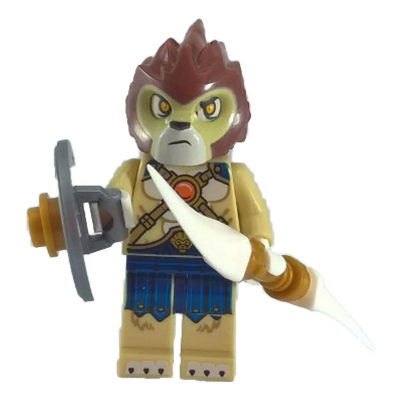 LEGO® Laval minifigure from Legends of Chima, featuring a lion warrior with red mane, tribal armor, and bone weapons.