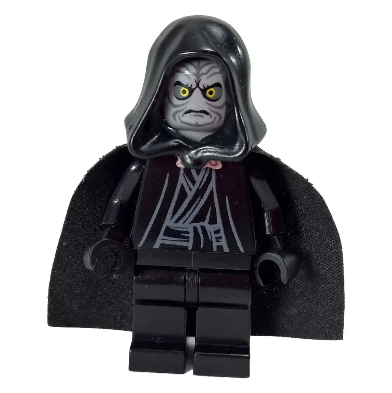 LEGO® Emperor Palpatine minifigure with black hood, yellow Sith eyes, and dark side robes