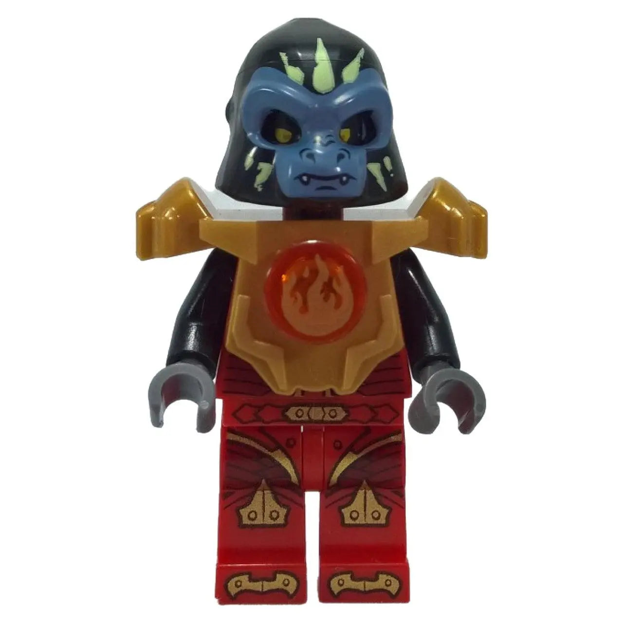 Gorzan LEGO® minifigure in Fire Chi battle gear, featuring red legs and gold shoulder armor