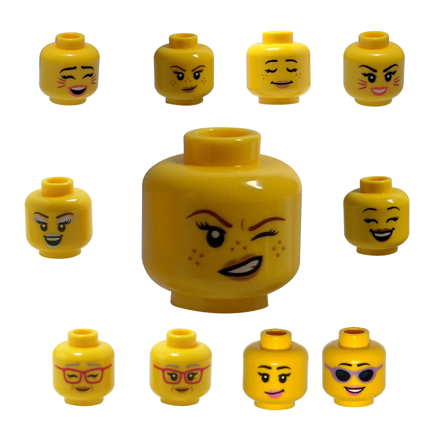 LEGO® female minifigure heads with expressive faces and glasses