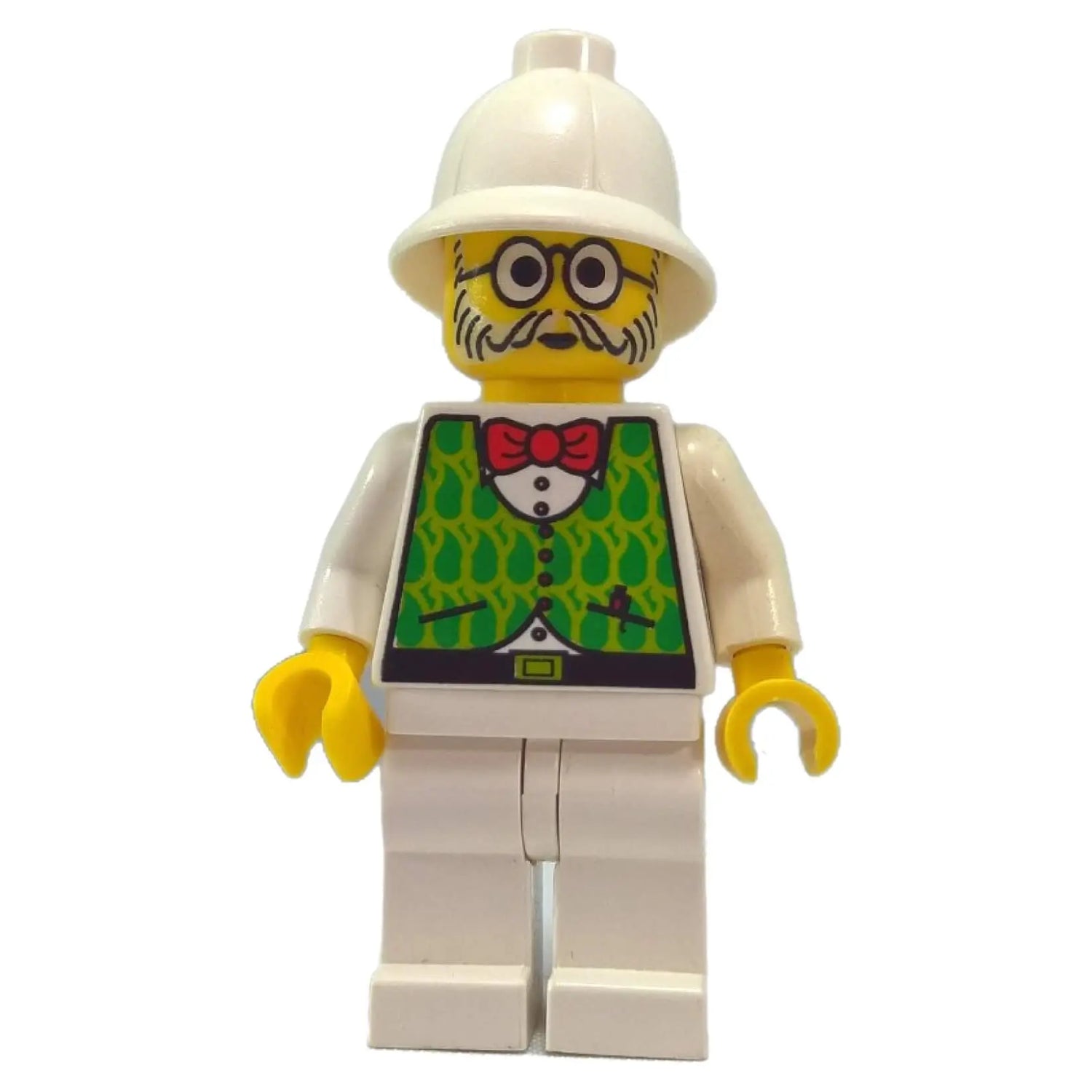 LEGO® Adventurers minifigure with white pith helmet, green vest with red bowtie, glasses, and white legs.