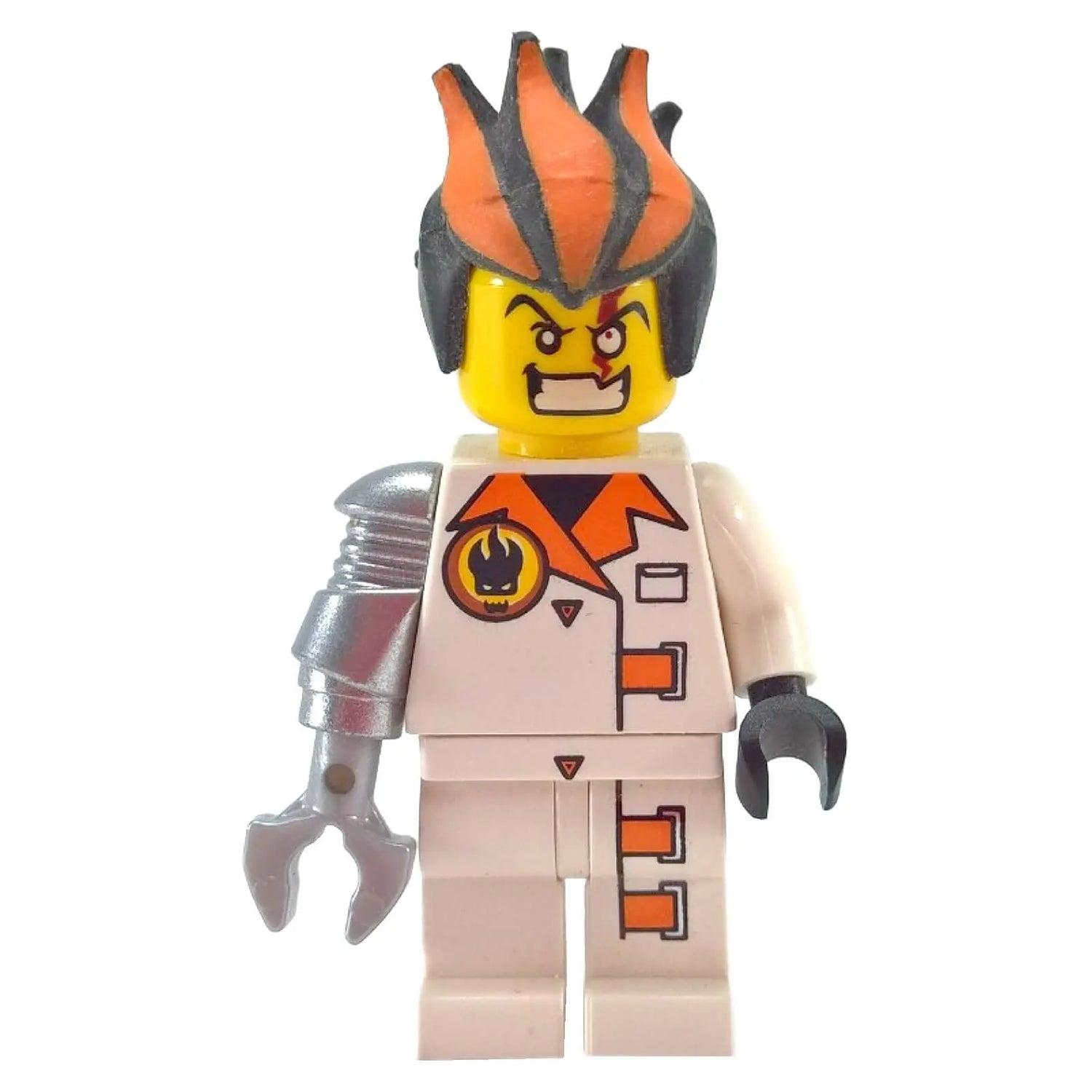 LEGO® Agents Saw Fist Minifigure (agt013) – White Suit with Orange Details, Flame Hair, and Robotic Claw Arm