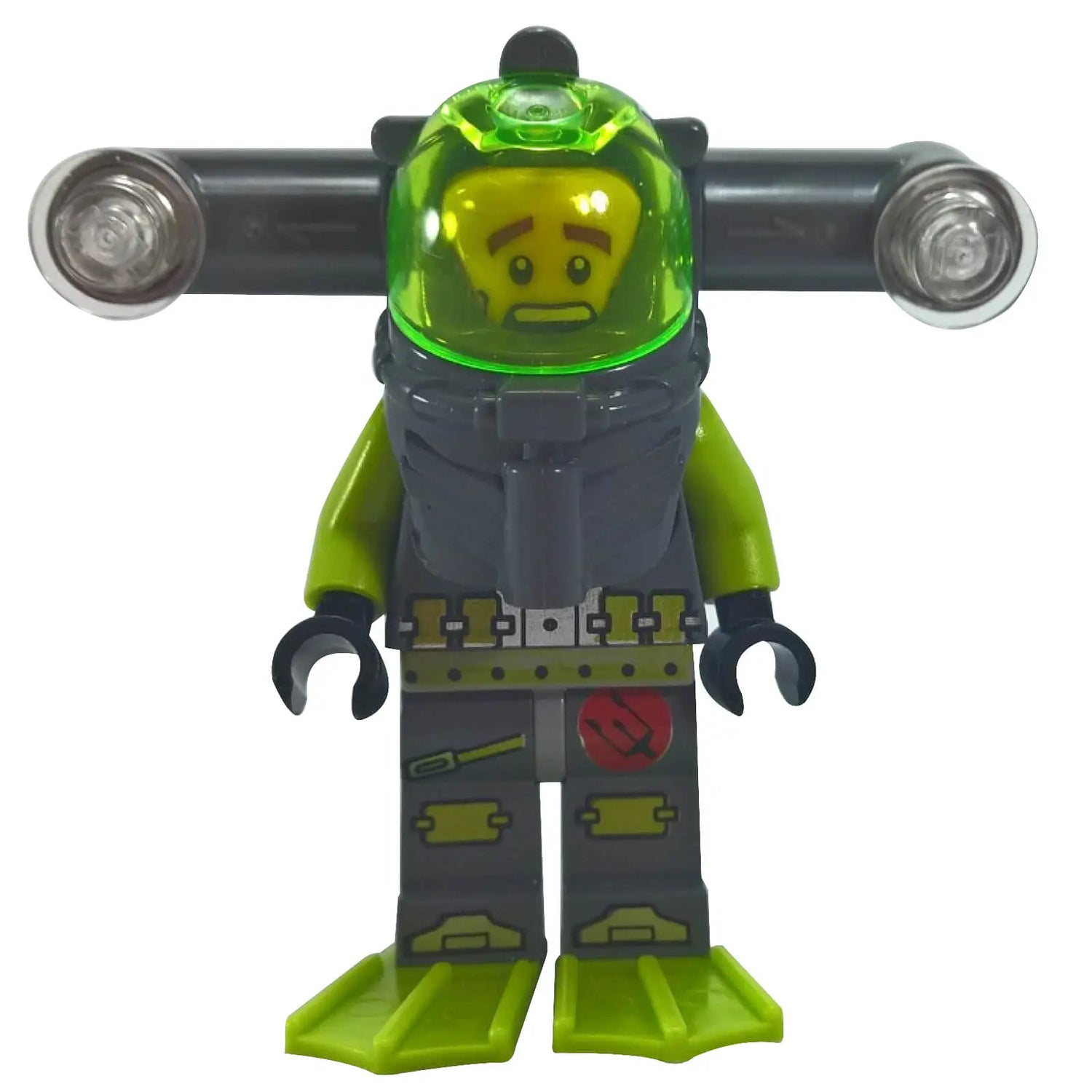 LEGO® Atlantis Hammerhead Warrior minifigure with detailed printing, dark armor, and fierce hammerhead shark helmet.