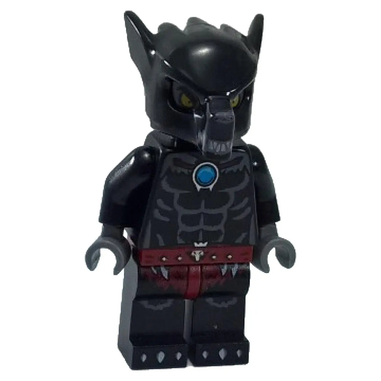 LEGO® Wilhurt minifigure from the Wolf Tribe, featuring black fur, yellow eyes, and detailed torso armor with a blue Chi orb.