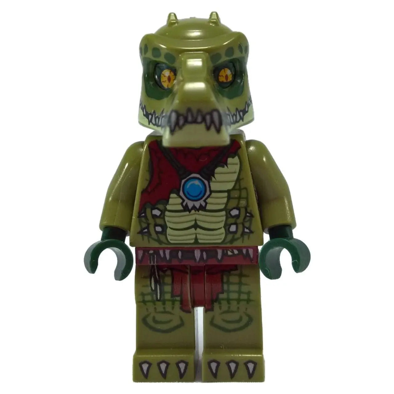 LEGO® Crawley minifigure from Legends of Chima with detailed crocodile armor and CHI necklace.