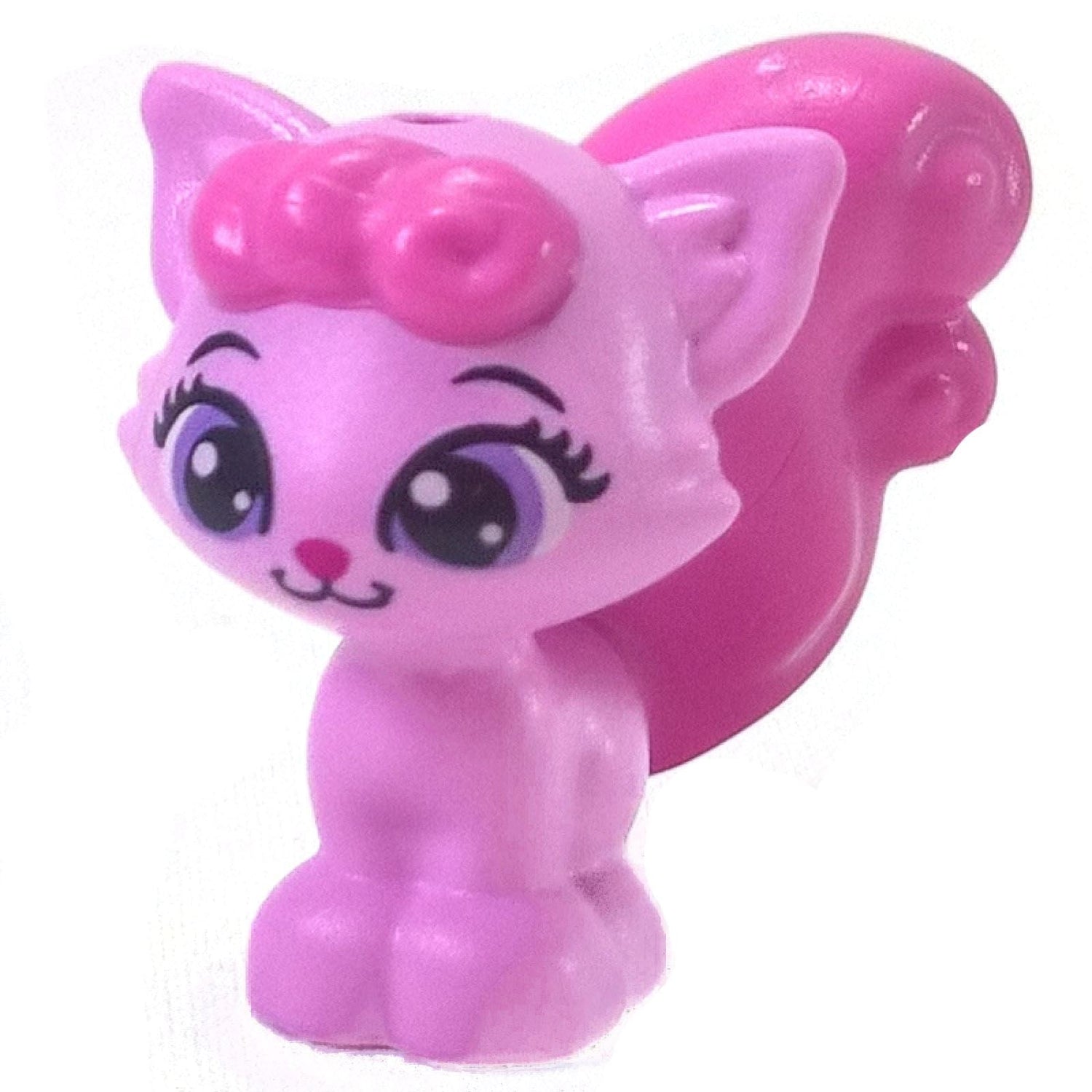 Pink LEGO Friends kitten figure with a dark pink curly tail and hair tuft for miniature pet scenes.