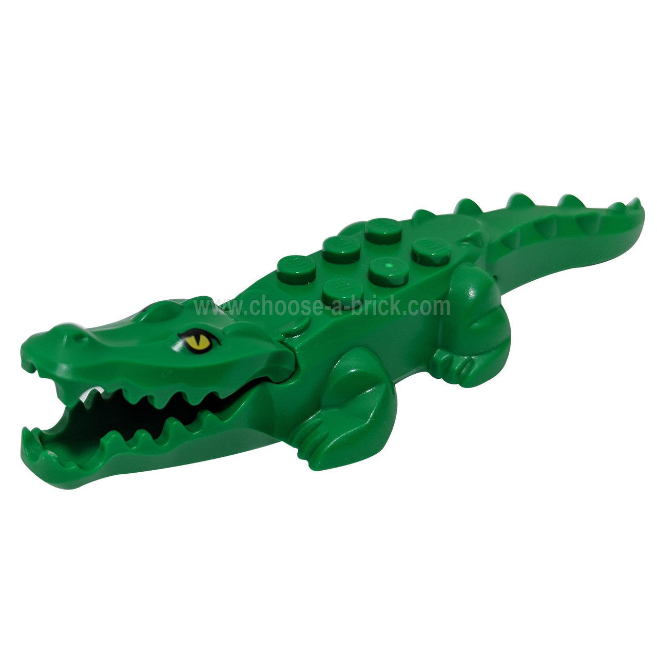 Green LEGO crocodile with yellow eyes and 20 teeth, featuring a movable jaw for jungle and swamp builds.