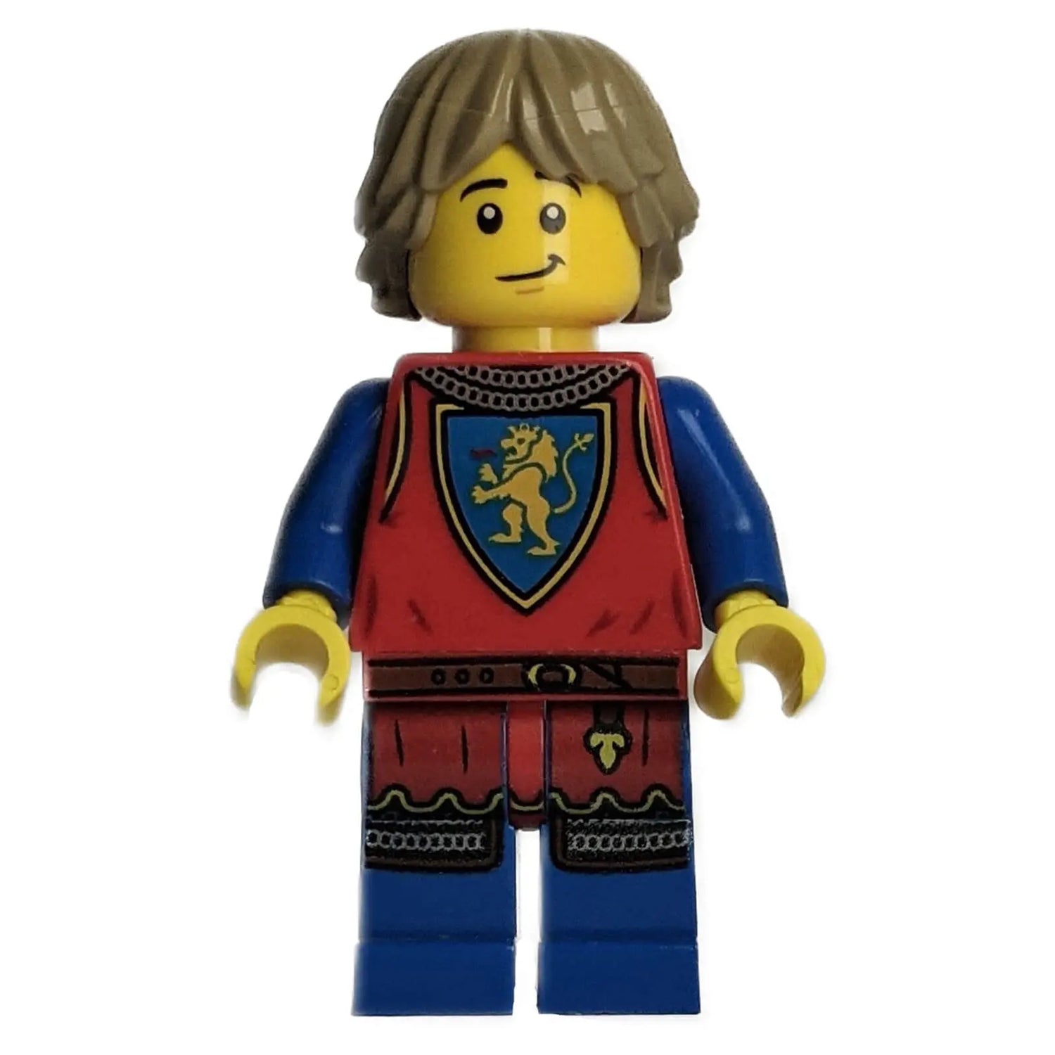 LEGO® Lion Knight minifigure with red and blue outfit, lion crest torso, and tousled brown hair