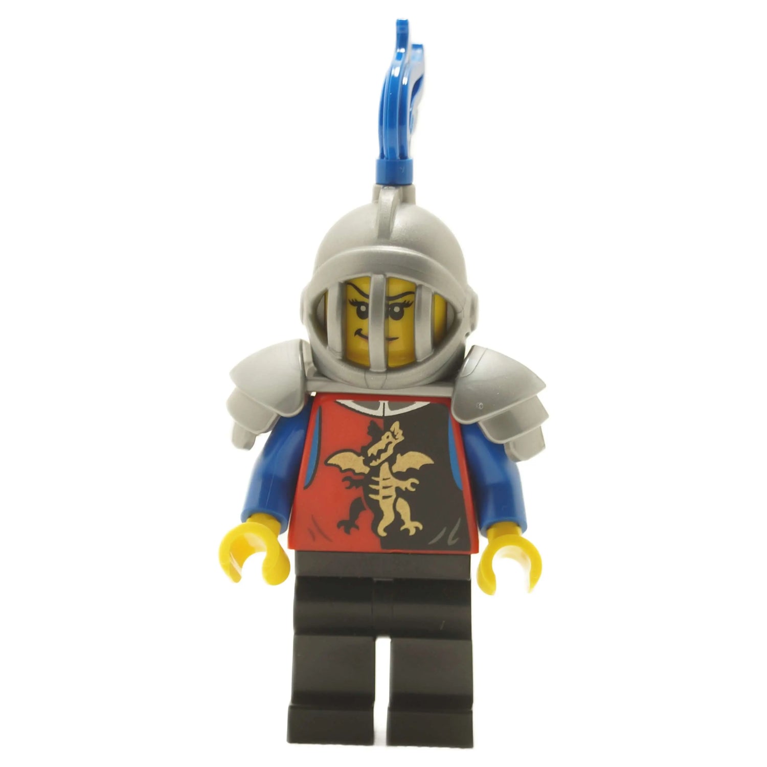 Female Dragon Knight LEGO minifigure in silver armor with a blue plume and gold dragon crest.