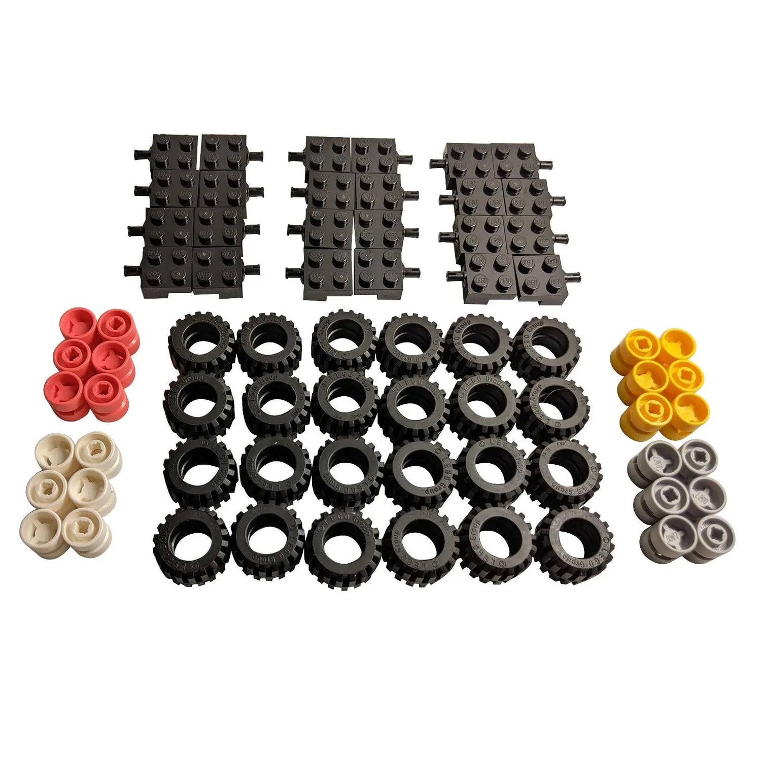 LEGO® wheel and tire assembly set – 24 black tires with matching rims and axle plates in assorted colors