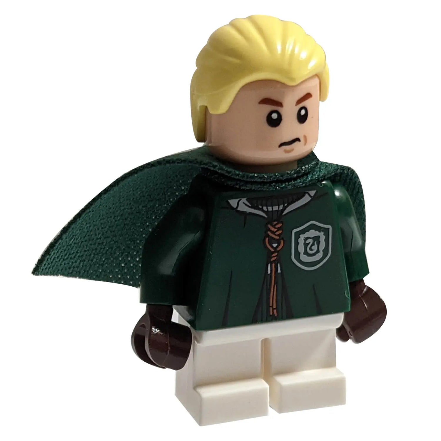 LEGO® Draco Malfoy minifigure wearing Slytherin robes, dark green cape, and slicked-back blonde hair