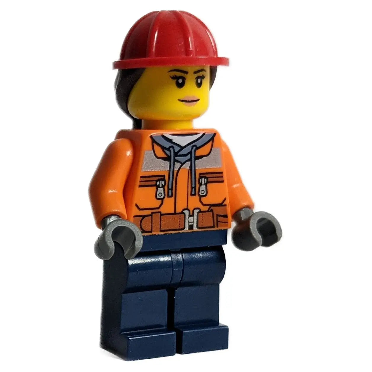 LEGO® female construction worker minifigure with red hard hat, orange safety jacket, and dark blue legs