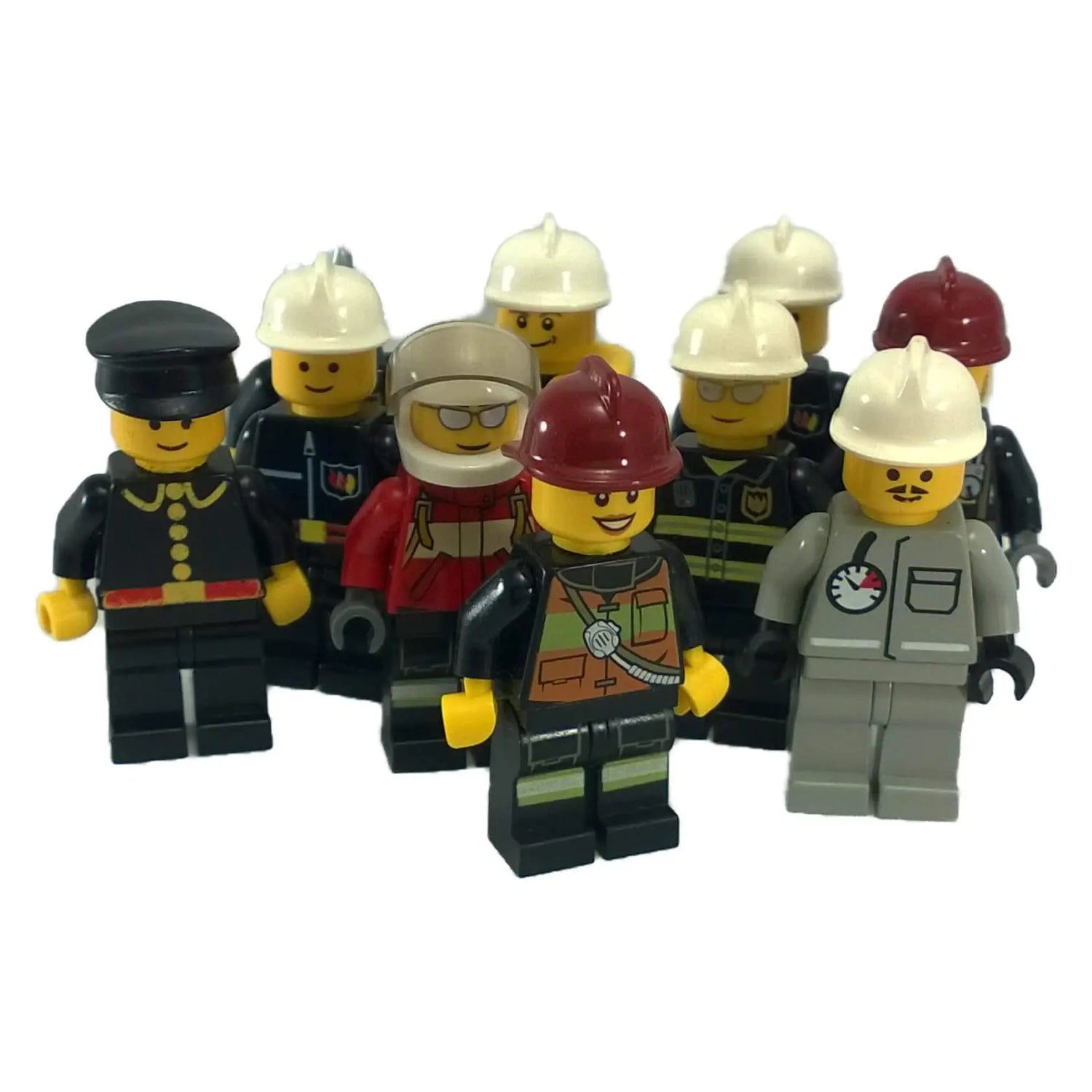 Group of LEGO® City minifigures including firefighters, construction workers, and technicians