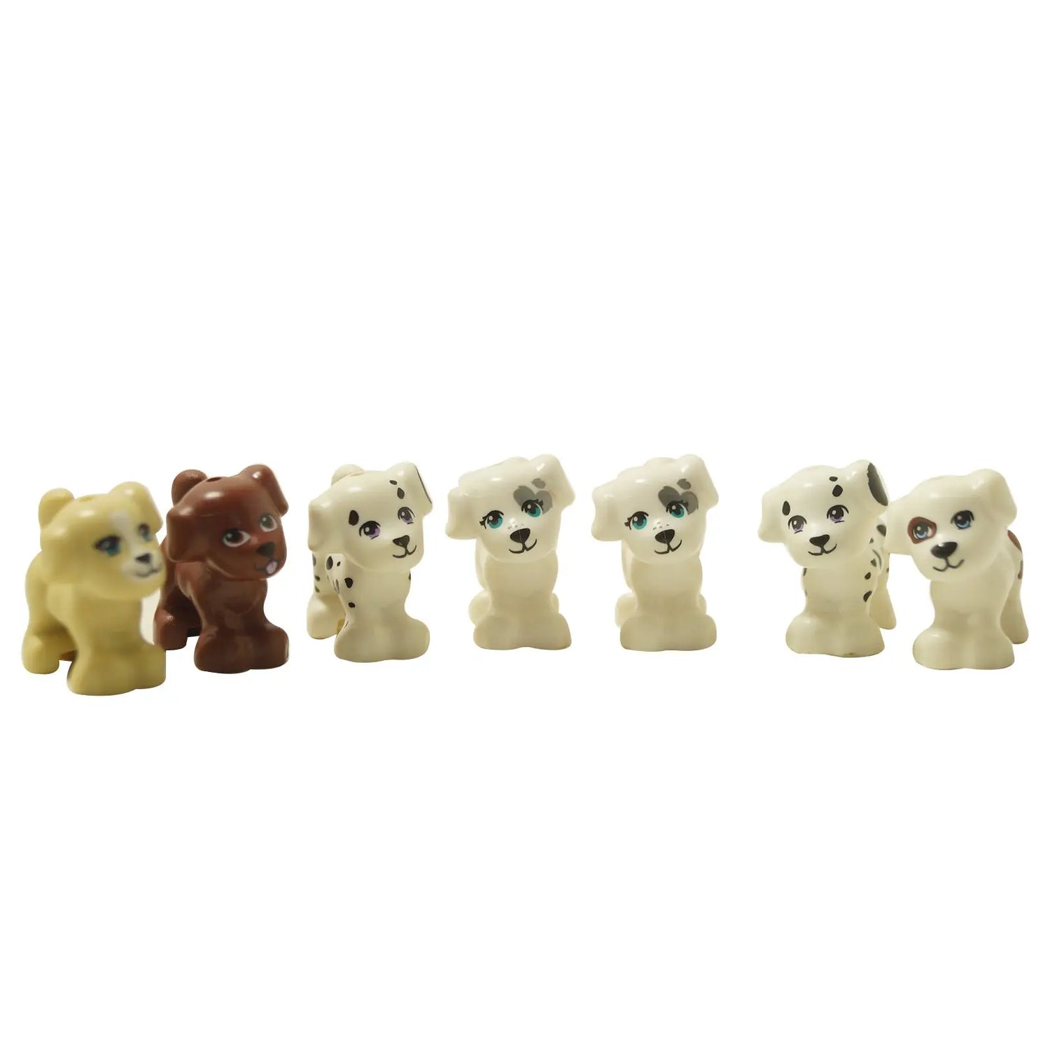 LEGO® dog figures in various colors and patterns, including tan, brown, and spotted white.