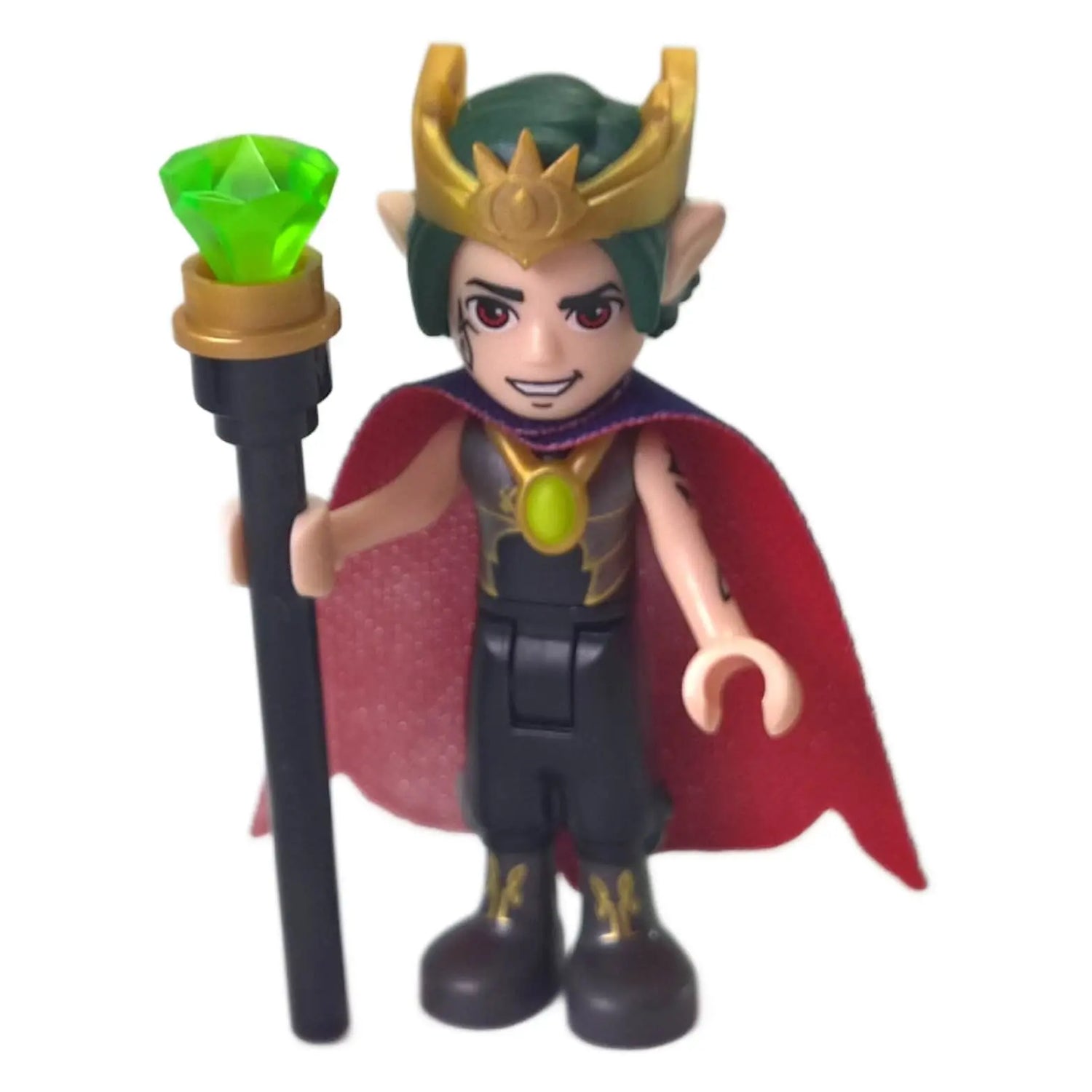 LEGO® Elves minifigure with green hair, crown, red cape, and magic staff with green gem, standing and smiling.