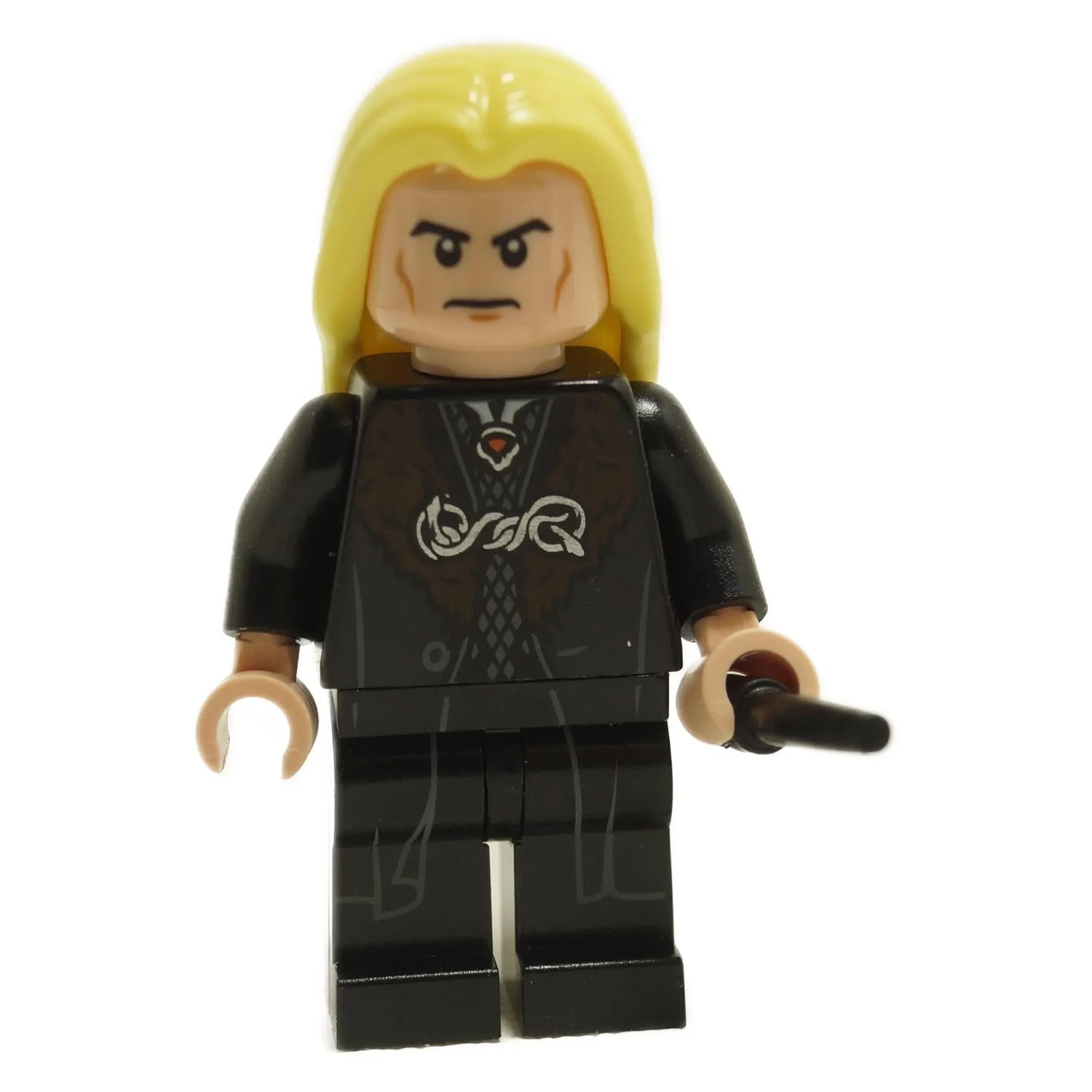 LEGO® Lucius Malfoy minifigure with long blond hair, black Death Eater robe, and wand