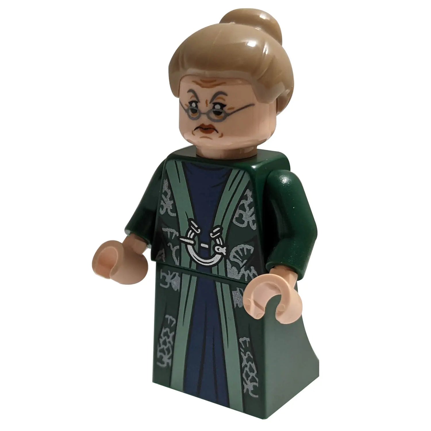 LEGO® Professor Minerva McGonagall Minifigure (hp293) wearing a dark green robe with dark tan hair in a bun and stern facial expression.