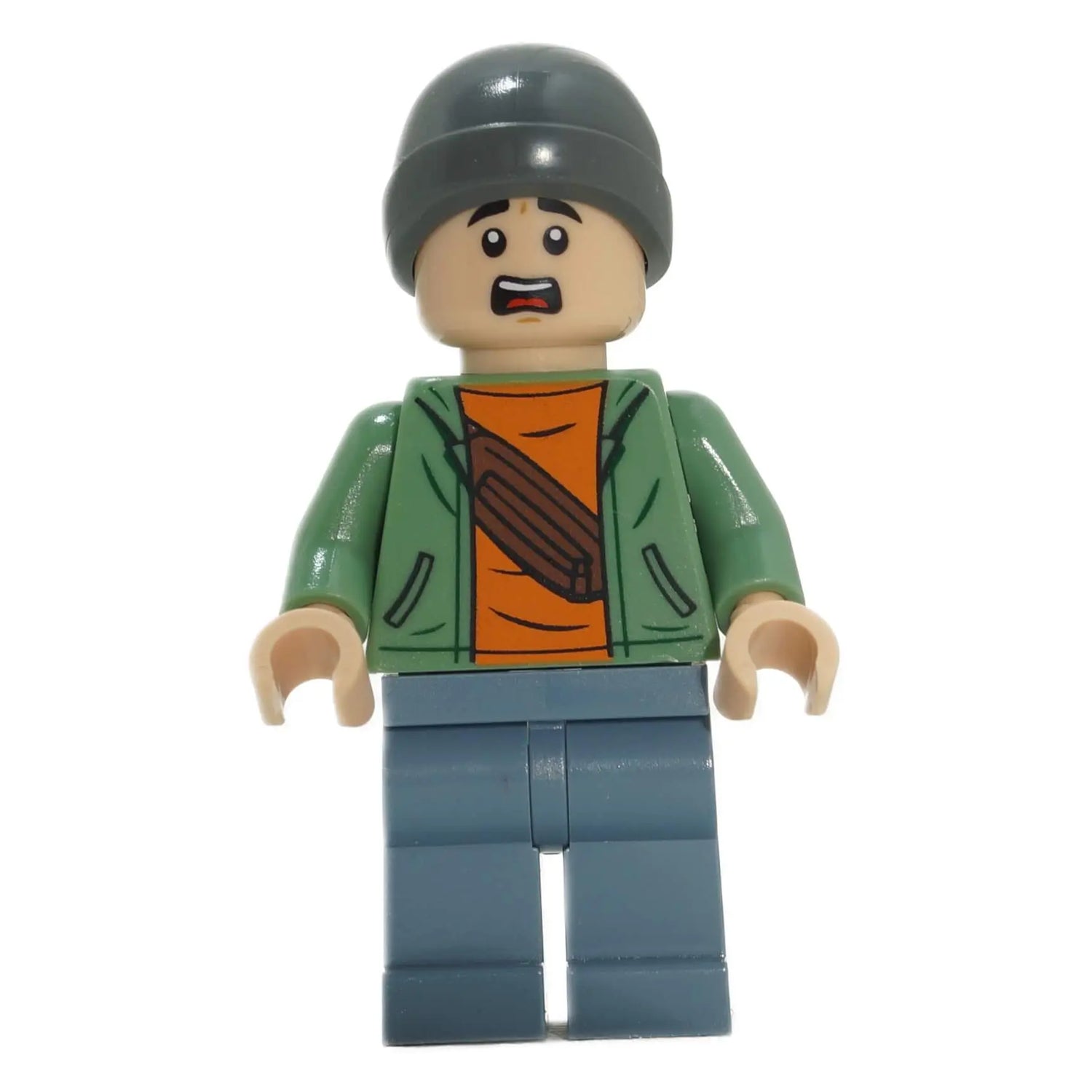 LEGO® Ben Pincus Minifigure from Jurassic World Camp Cretaceous – Featuring his signature green jacket, orange shirt, and beanie, ready for adventure and survival in the wild world of Isla Nublar.