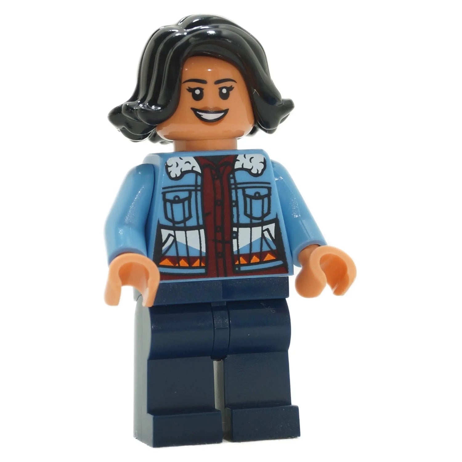 LEGO® Sammy Gutierrez Minifigure from Jurassic World: Chaos Theory - Medium Blue Jacket with Dark Red Shirt and Dark Blue Legs.