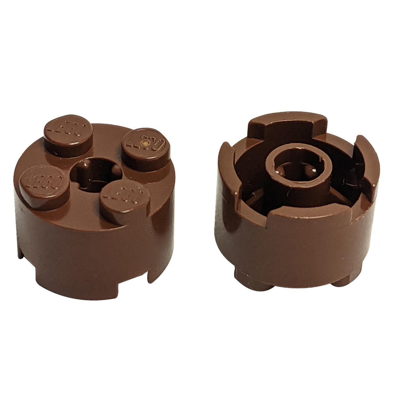 LEGO® Brick 3941 – Round 2 x 2 with Axle Hole in Reddish Brown (2x New), shown from top and underside views on a white background.