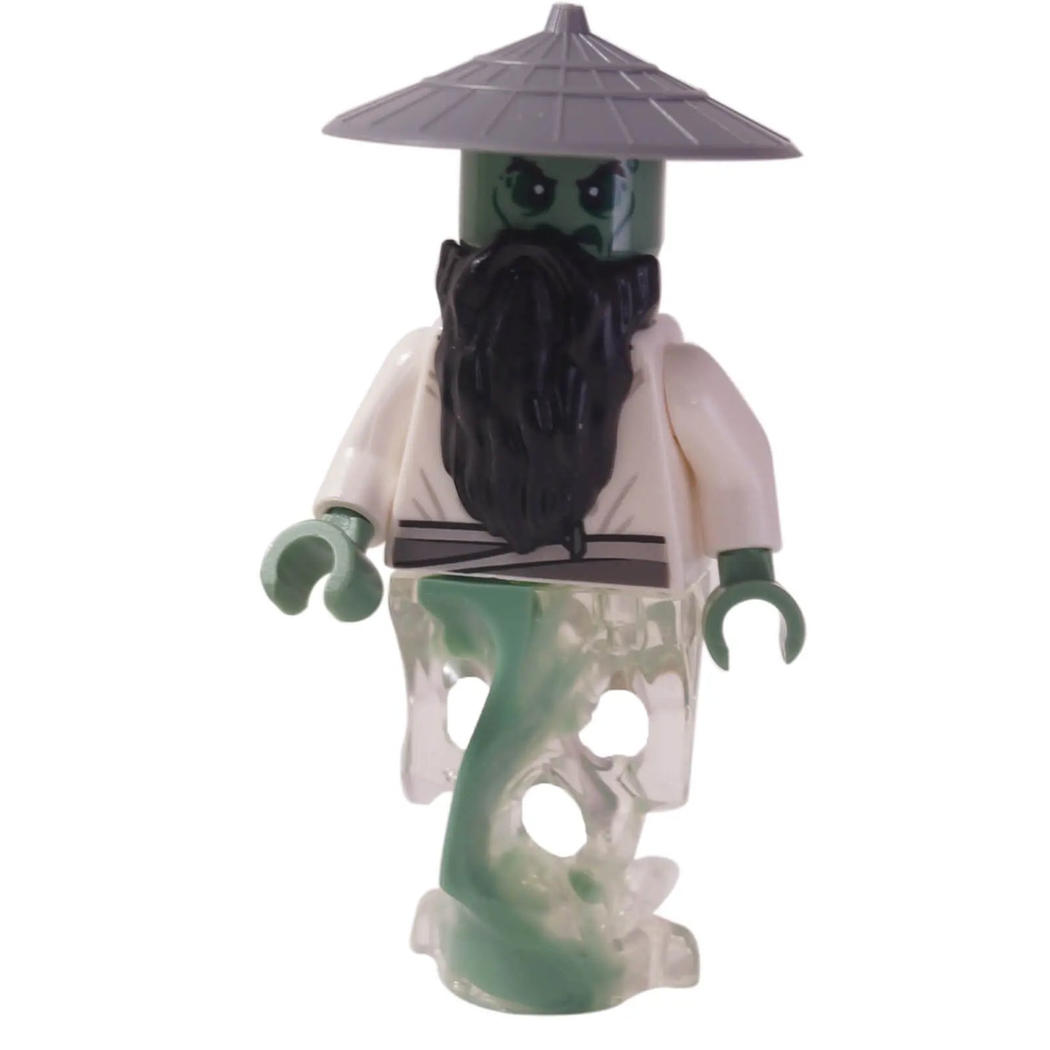 A translucent ghostly LEGO® Ninjago minifigure featuring Master Yang in traditional white robes, dark beard, and conical hat.