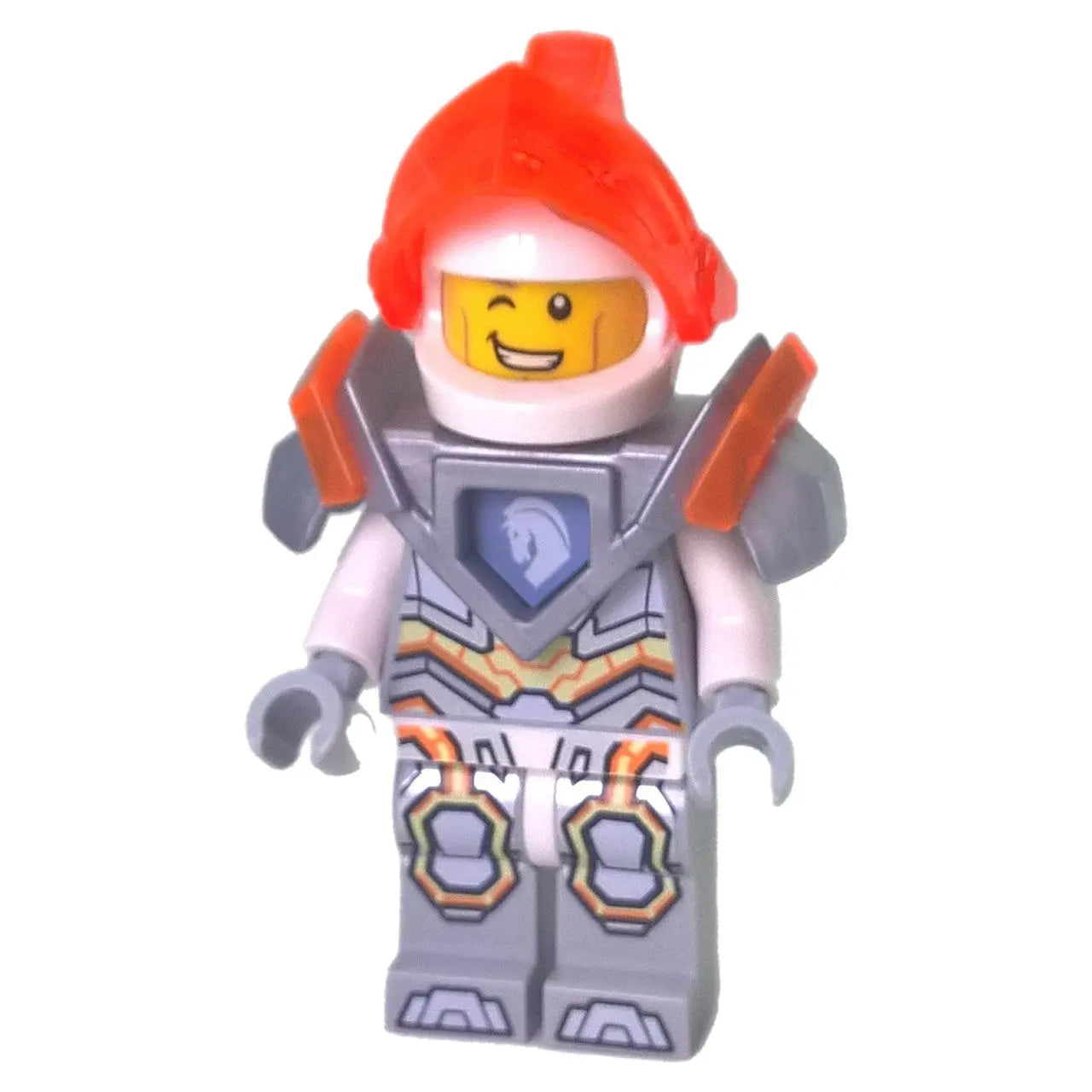 LEGO® Nexo Knights minifigure Ultimate Lance in silver armor with orange highlights and white helmet, representing the futuristic knight theme.