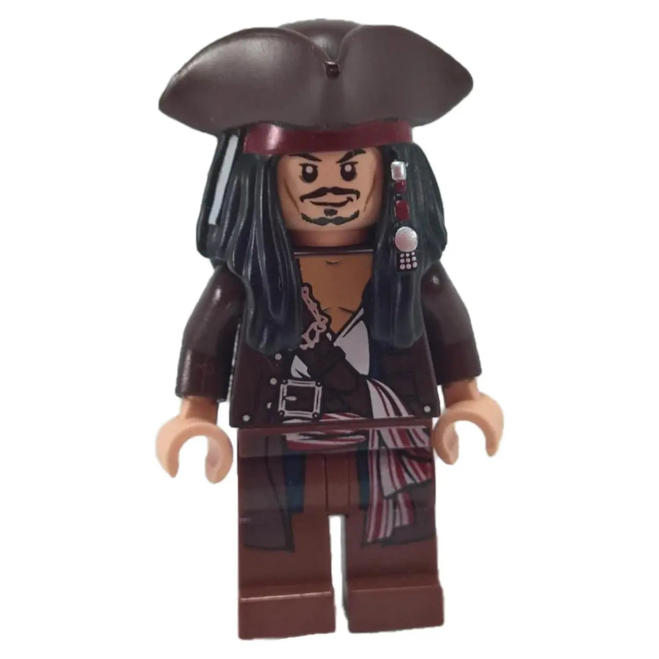 LEGO® Pirates of the Caribbean minifigure Captain Jack Sparrow in full pirate attire with tricorne hat and detailed printed sash, representing the iconic film series.