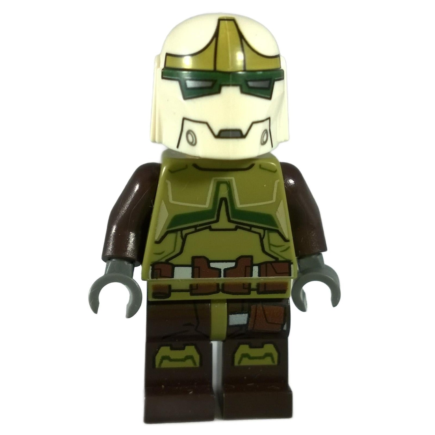 LEGO Star Wars Jek-14 minifigure with olive green and white helmet and brown armor from Yoda Chronicles.