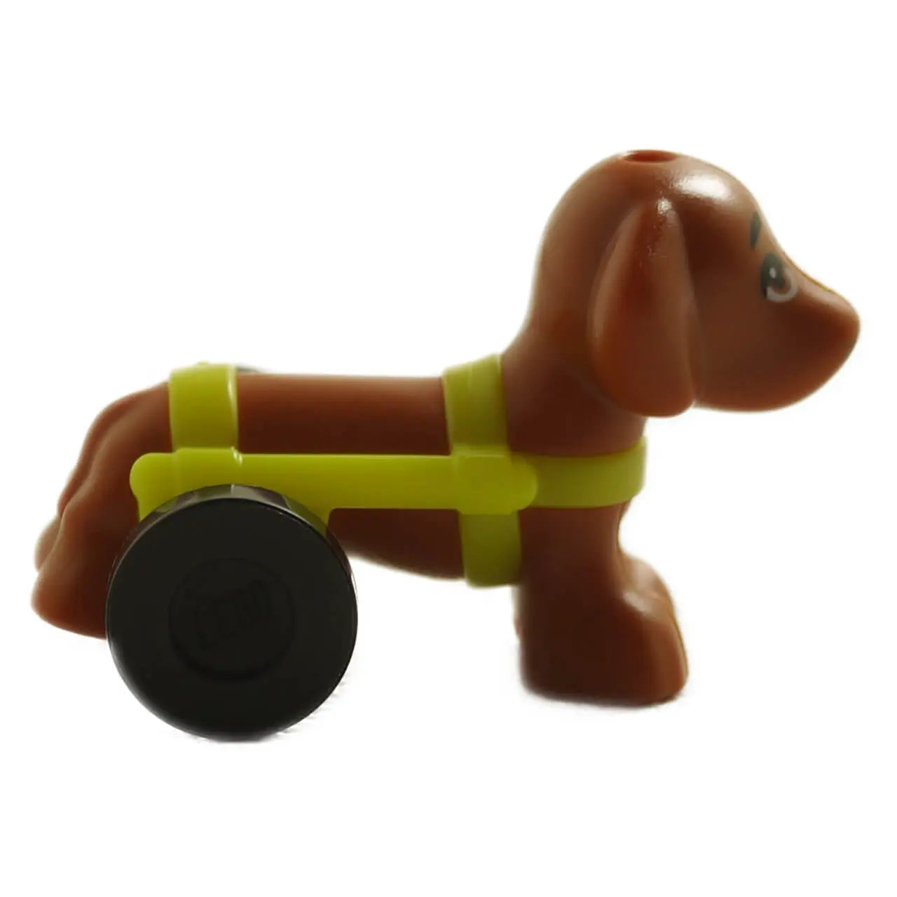LEGO® dachshund dog minifigure with long body and short legs in dog wheelchair