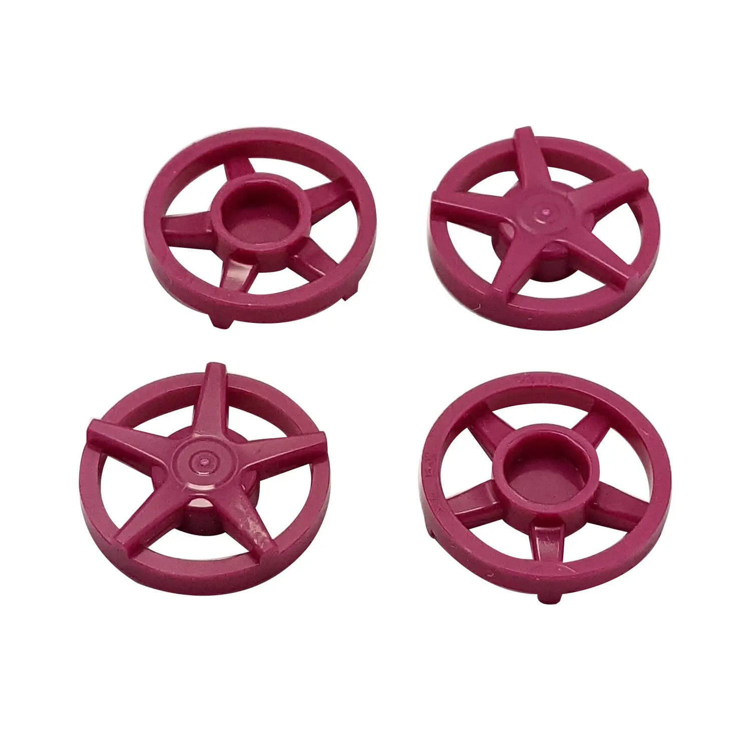 LEGO® magenta wheel cover elements – decorative 5-spoke hubcaps used on LEGO® car wheels
