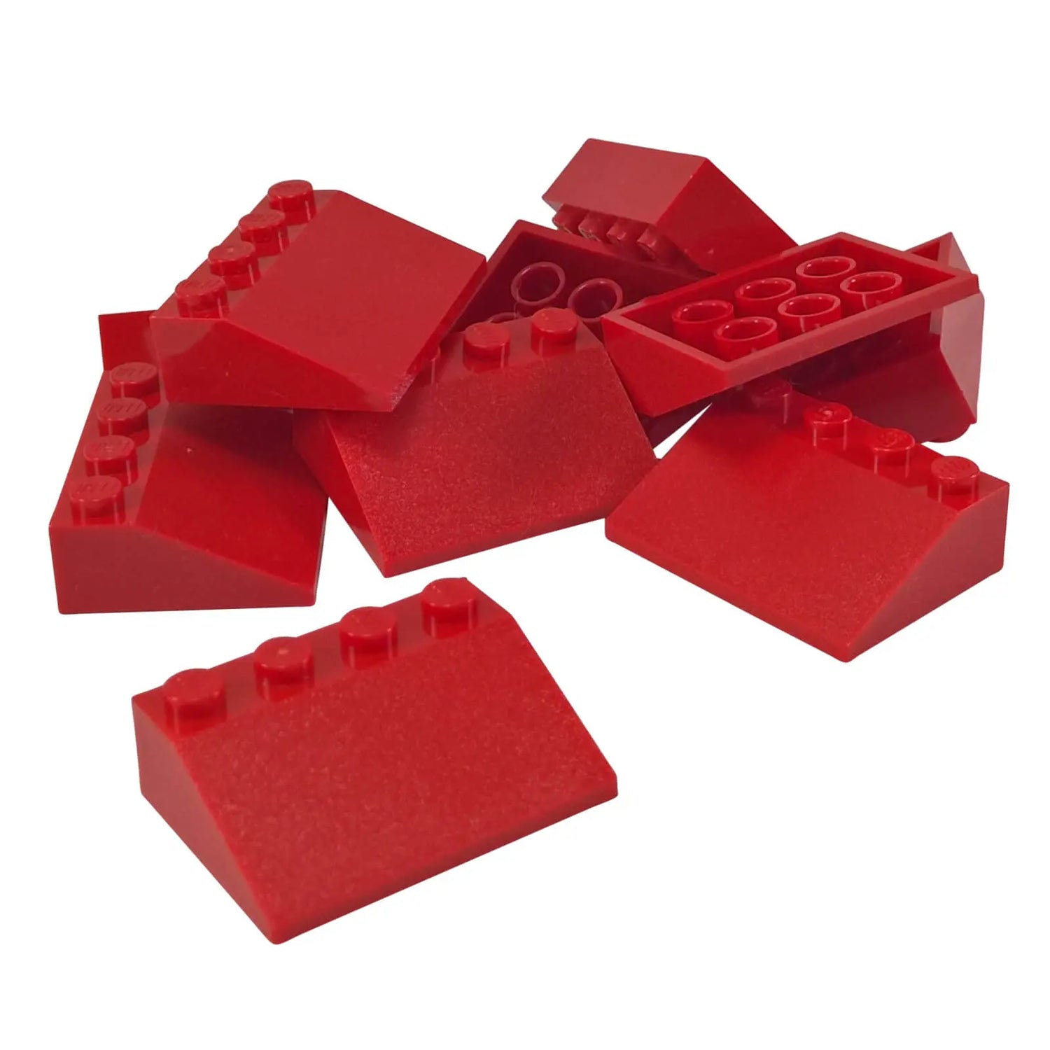 Red LEGO® slope bricks in assorted angles, shown from multiple sides on a clean white background.