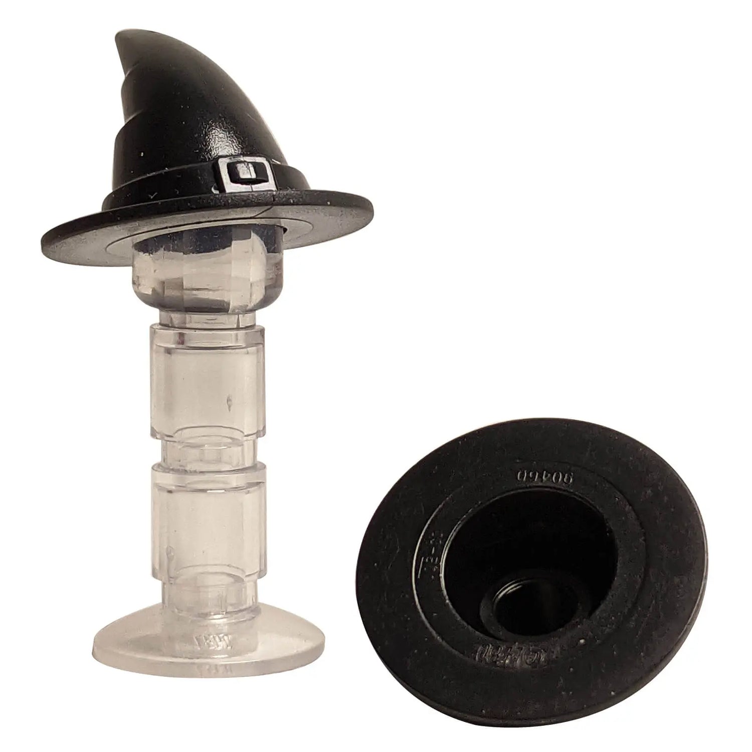 LEGO® black witch hat with buckle, shown upright on a clear stand and separately upside down