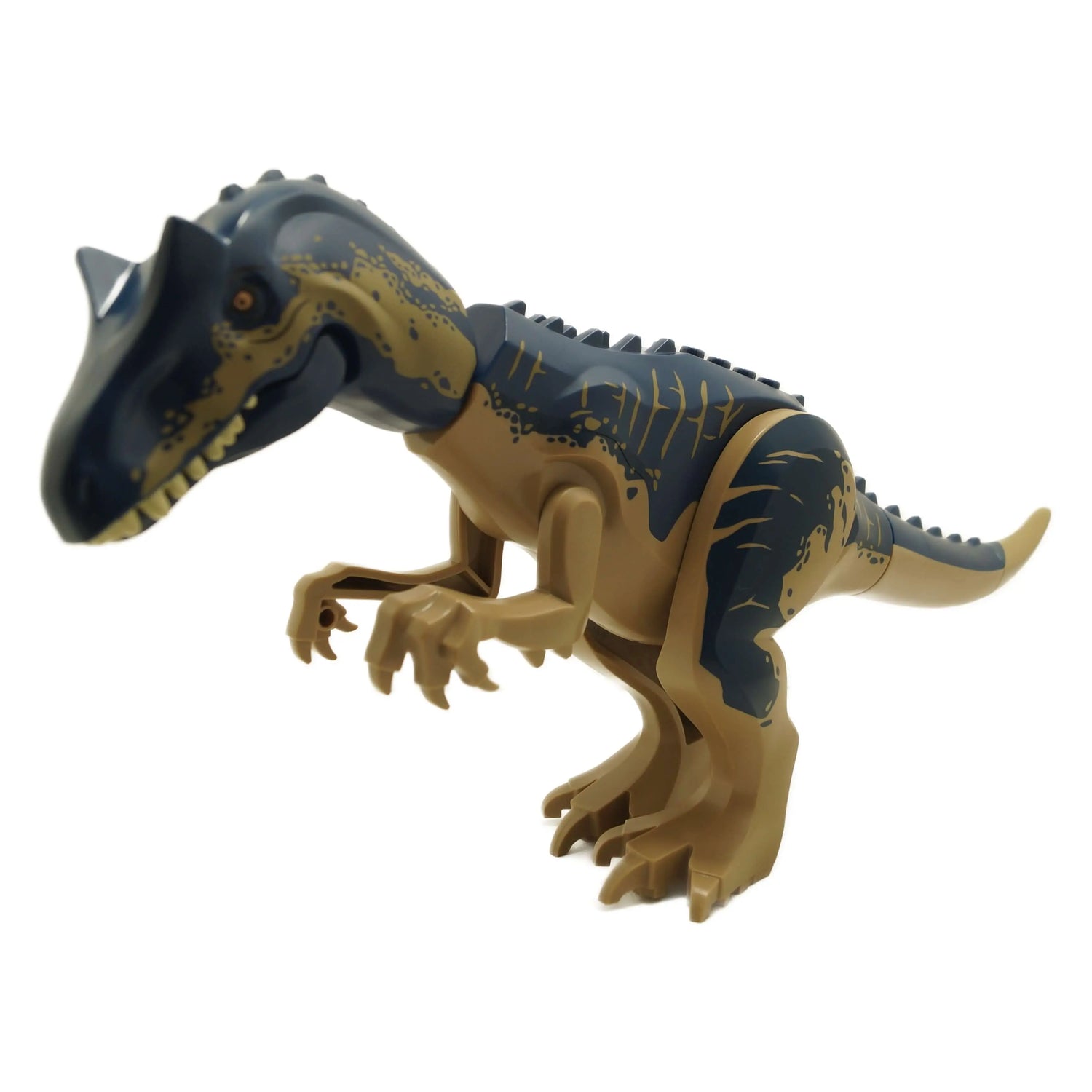 LEGO® Allosaurus Dinosaur Figure in Dark Tan and Navy Blue with Gold Accents – Highly detailed and articulated for Jurassic World scenes and MOCs.