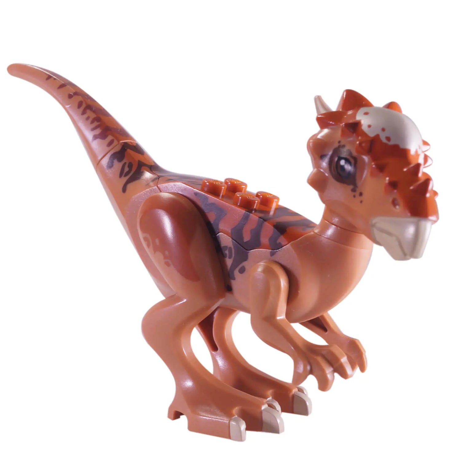 Orange LEGO Stygimoloch dinosaur figure with a white dome-shaped skull and articulated limbs.