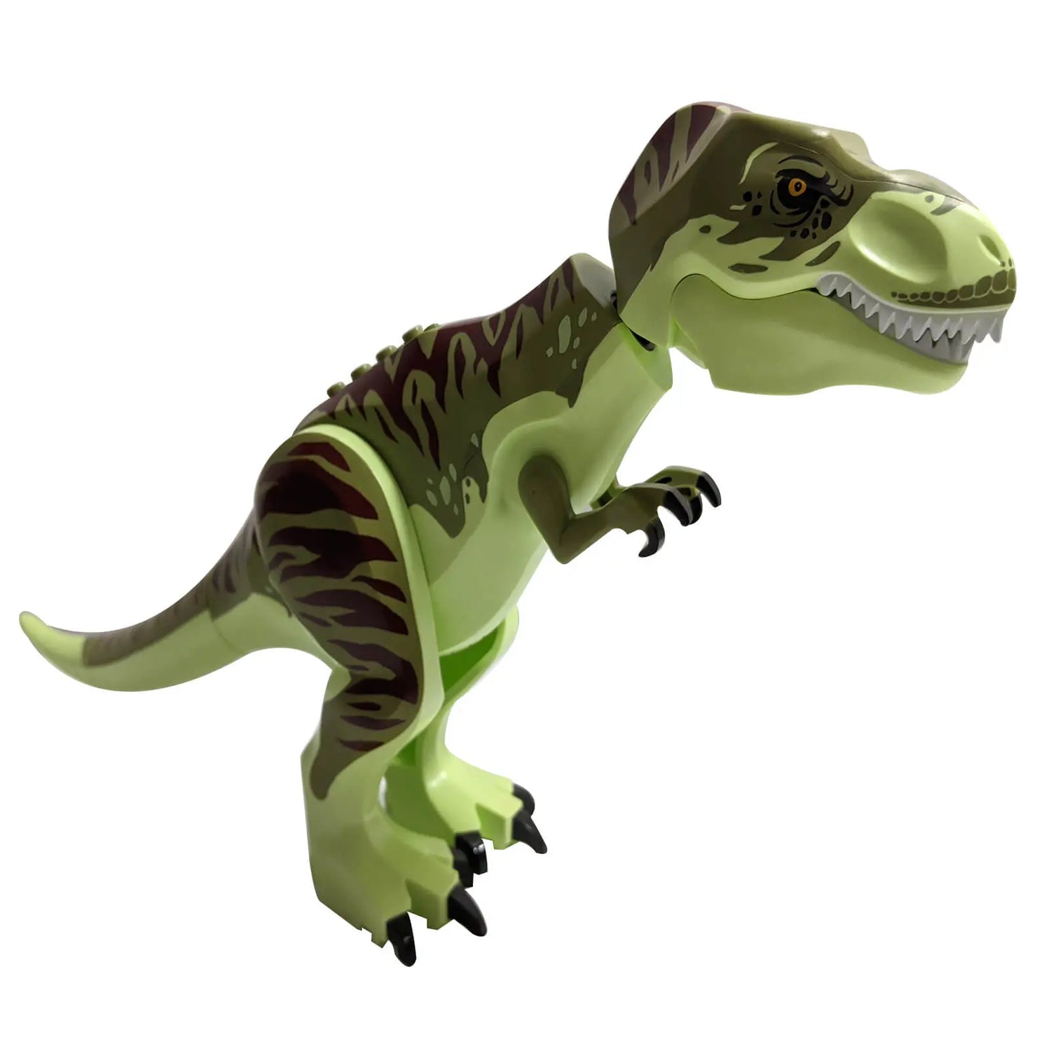 LEGO® Tyrannosaurus Rex in lime green and dark brown pattern, fully articulated with sharp teeth and claws, perfect for Jurassic Park and Jurassic World displays.