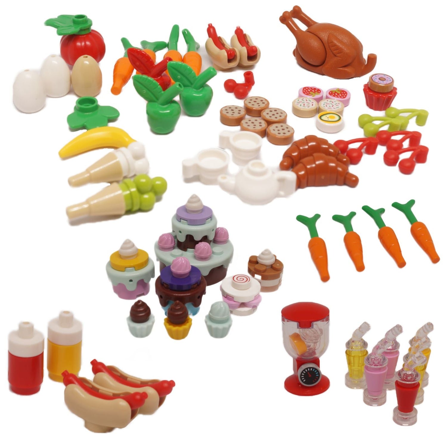 LEGO® food and drink accessories collection with fruit, bakery and kitchen pieces