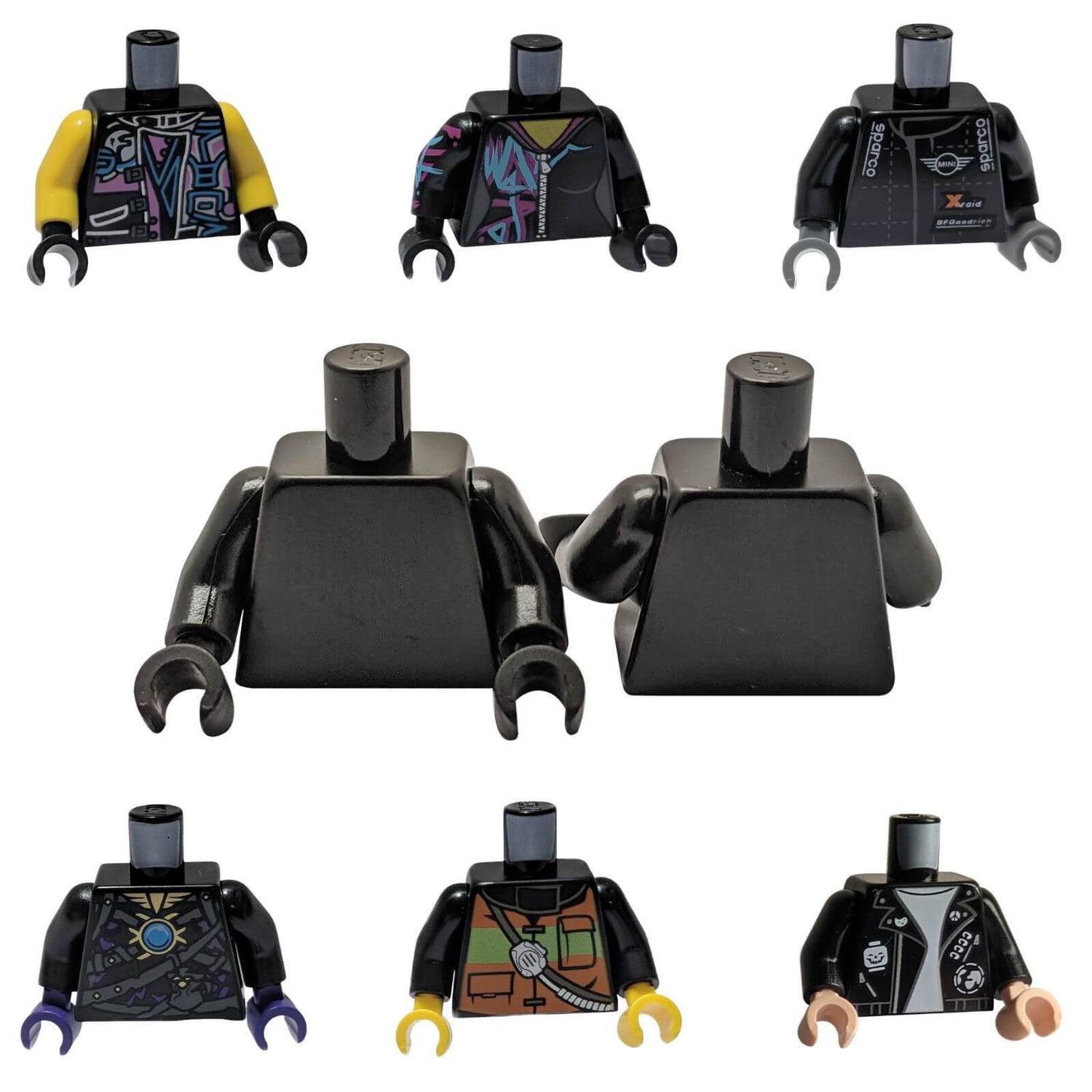 LEGO® black minifigure torsos with plain and printed designs