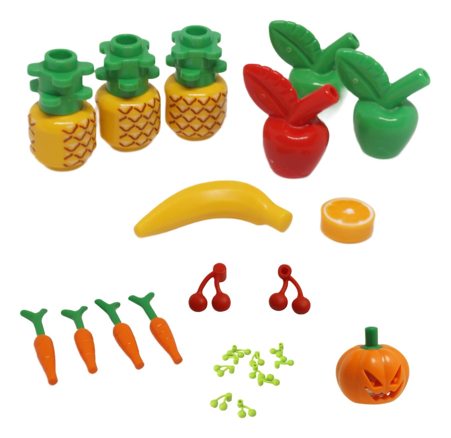 LEGO® fruit and vegetable food accessories including pineapples, apples, bananas, carrots, cherries and pumpkin pieces