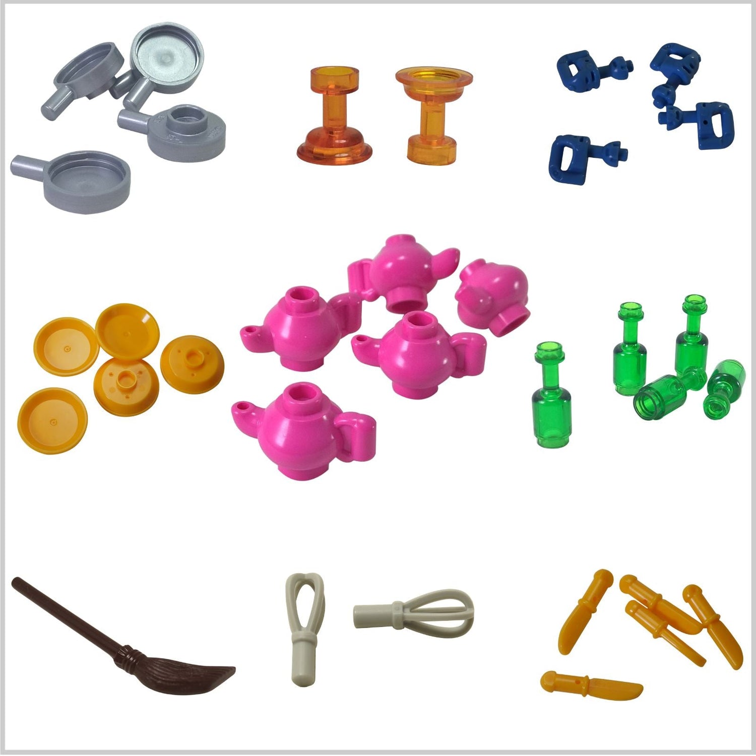 LEGO® kitchen accessories collection featuring cookware, teapots, bottles and kitchen utensils