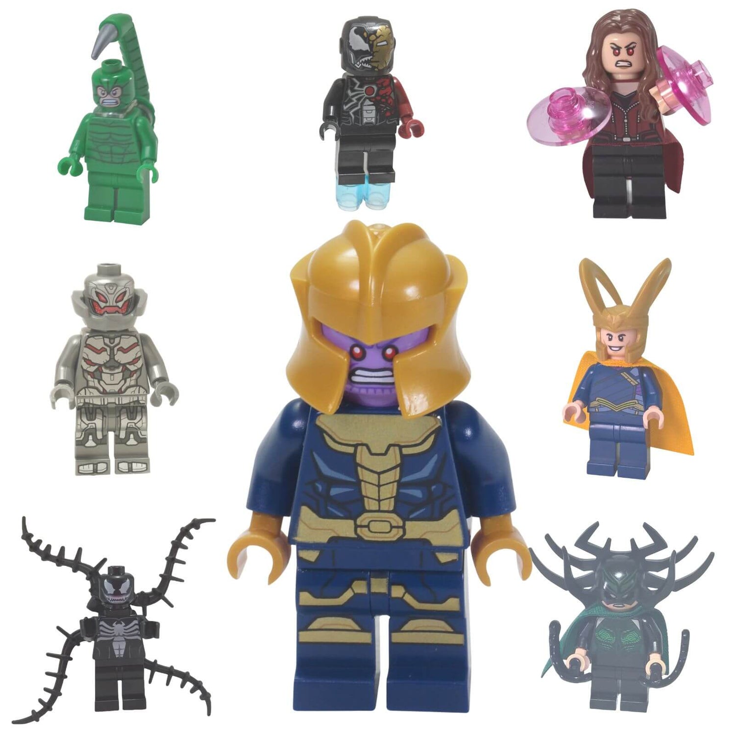 LEGO® Marvel villains minifigures with Thanos, Loki, Venom and Hela