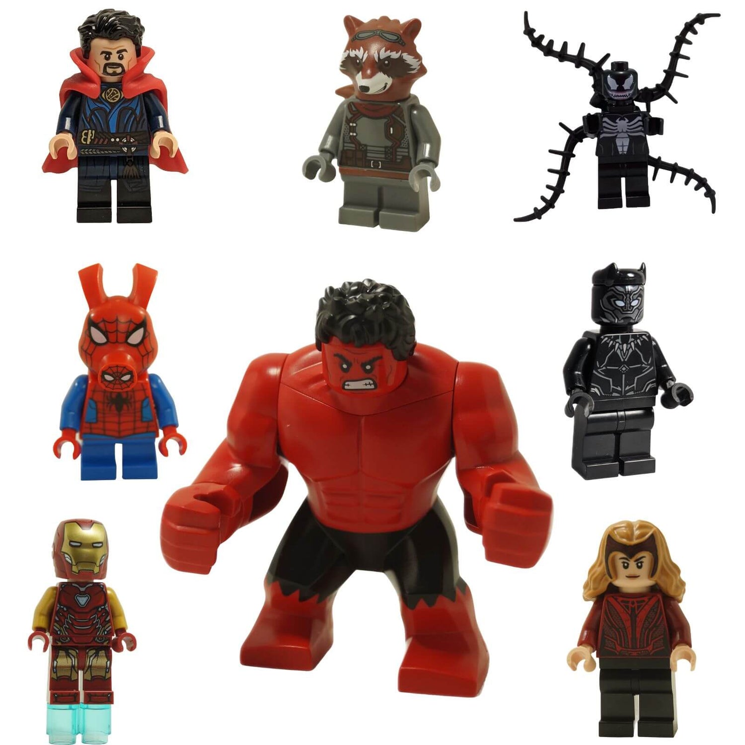 LEGO® Marvel minifigure collection featuring Red Hulk, superheroes and villains