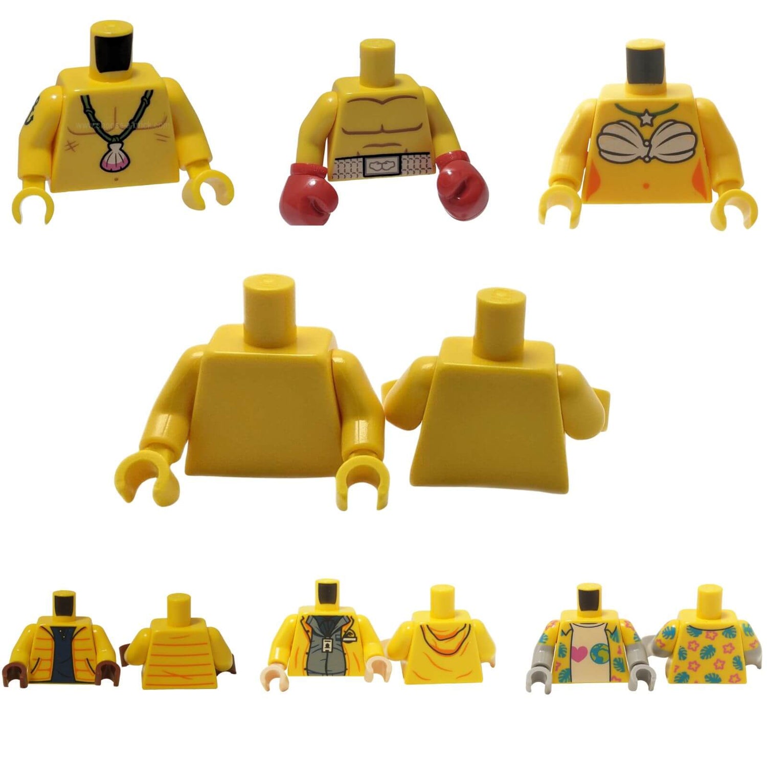 LEGO® yellow minifigure torso collection featuring plain and printed yellow torso designs