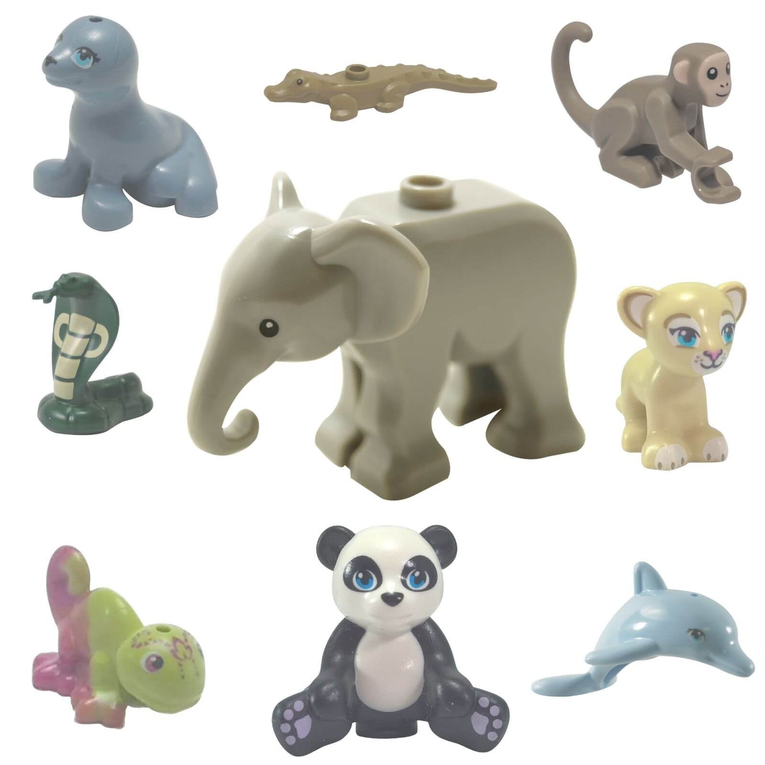 LEGO® zoo animals collection featuring elephants, pandas, monkeys, dolphins and wildlife figures