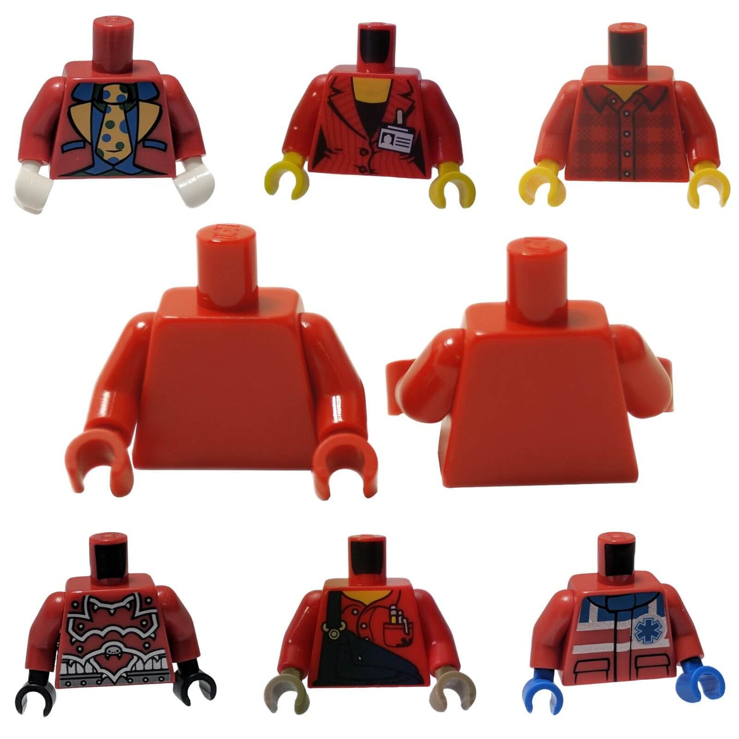 LEGO® red minifigure torsos with plain and printed designs