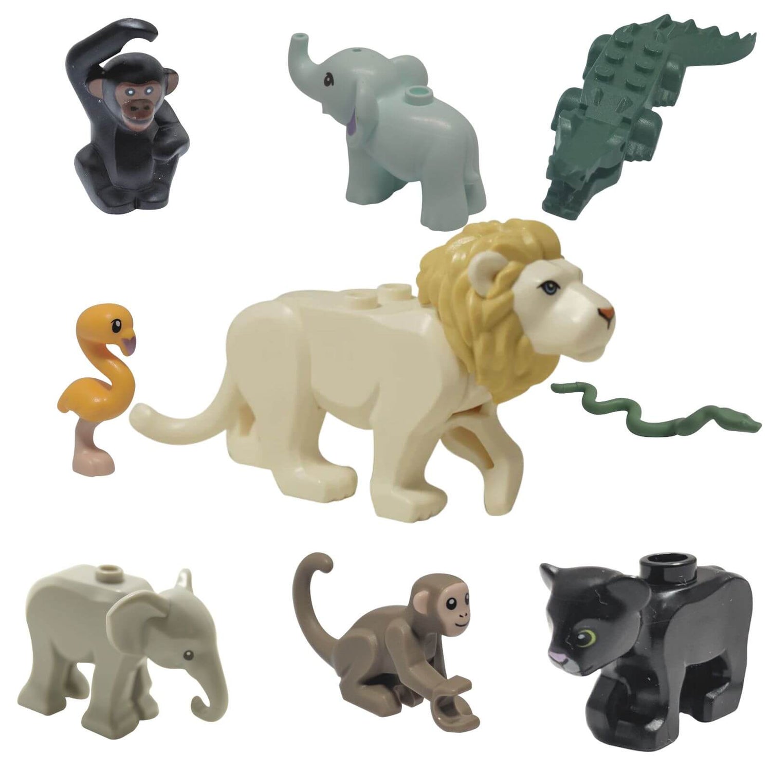LEGO® safari animal collection featuring lion, elephant, monkey and wildlife figures