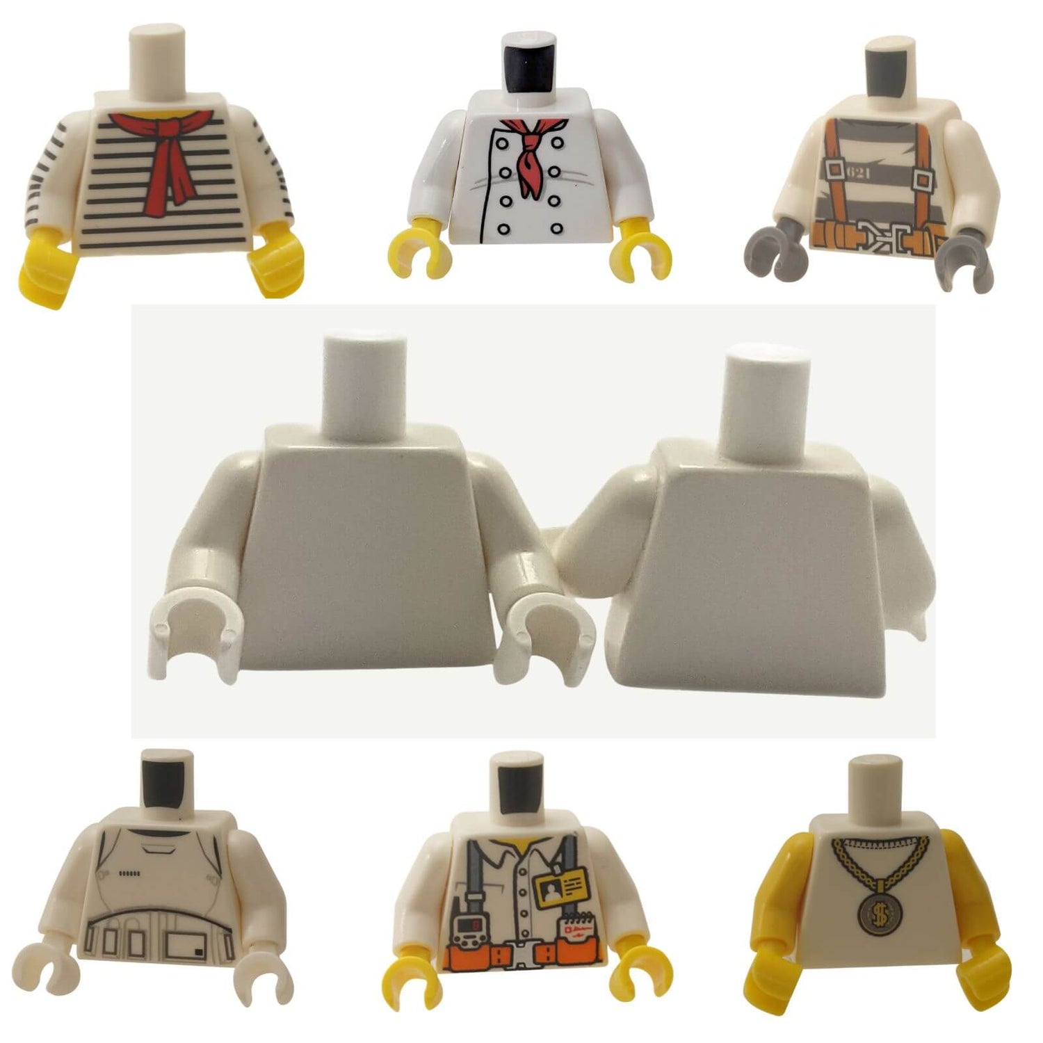 LEGO® white minifigure torsos with plain and printed designs