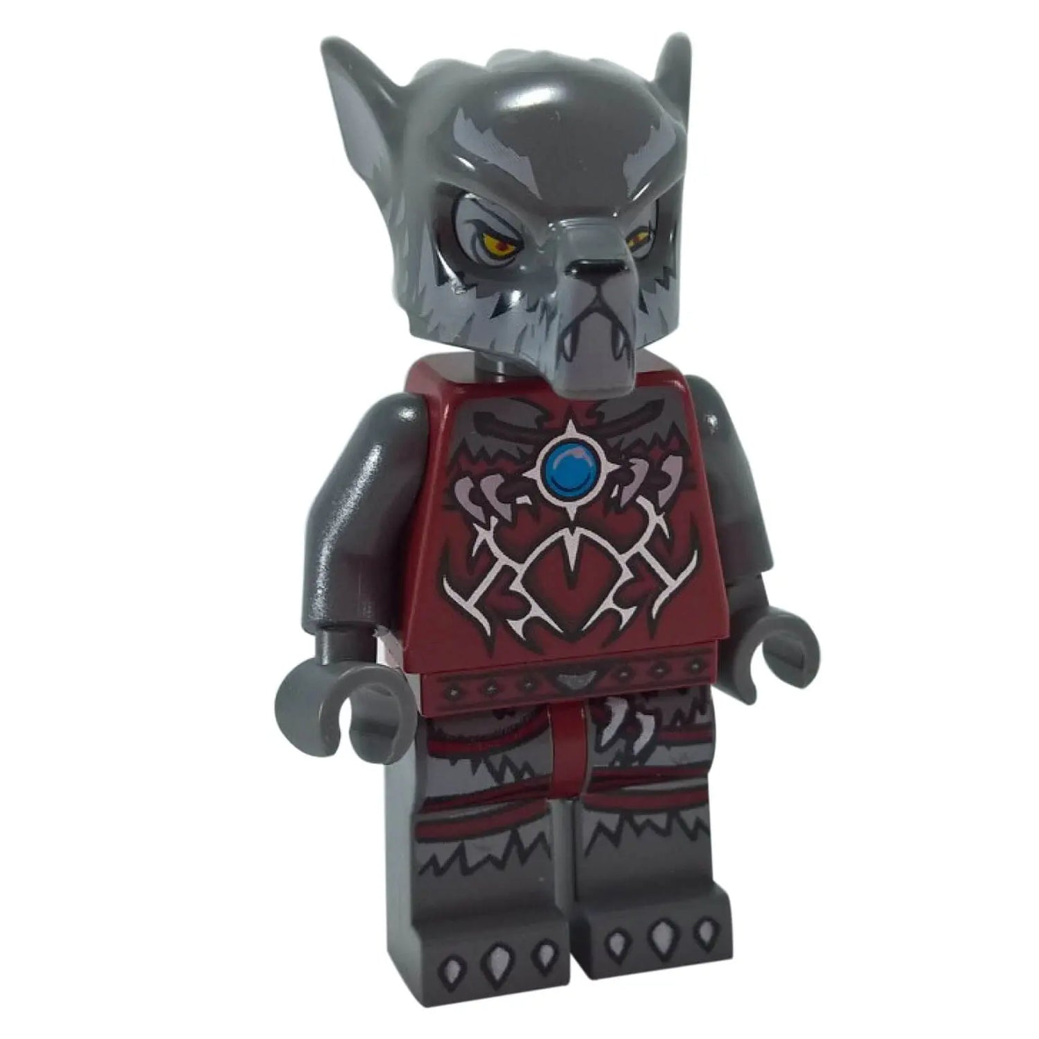 Wakz LEGO® minifigure with gray wolf head and dark red tribal armor from Chima’s Wolf Tribe.